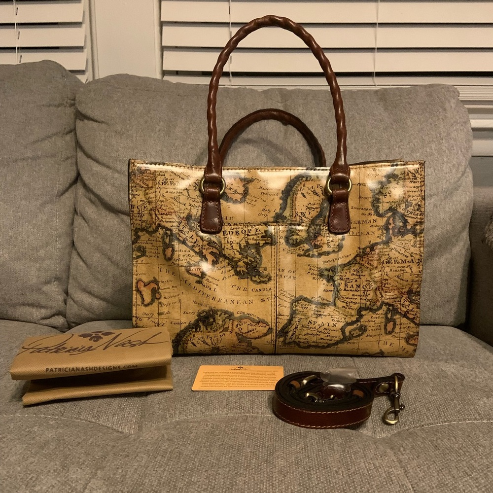 NWT Patricia Nash Map Print Satchel with Brown Trim and Tassel - Picture 2 of 9